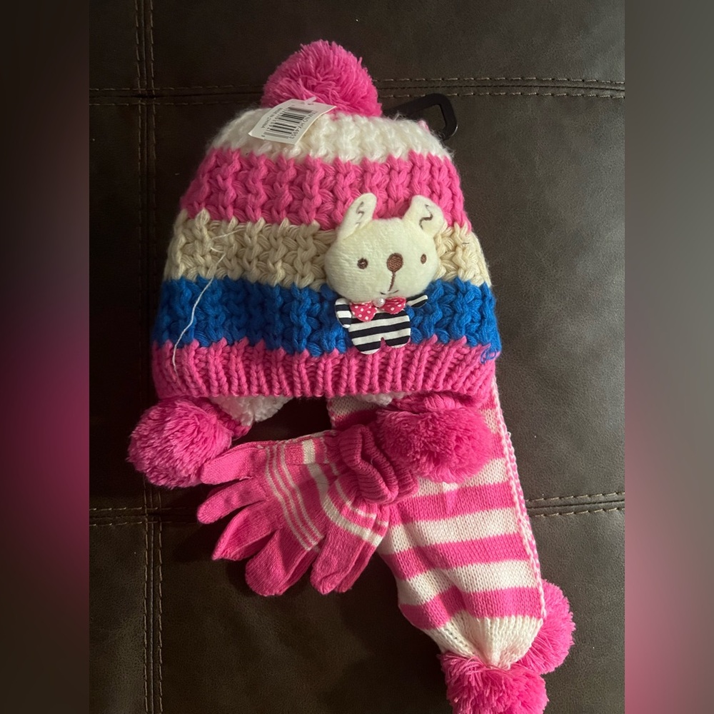 Pink and White Striped Knit Hat with Pom Pom